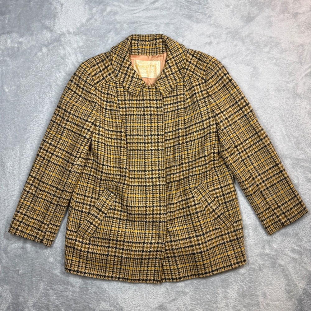 Vintage Pendleton Wool Coat Womens L Brown Plaid Tweed Button Up 70s